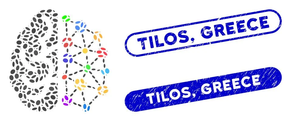 Dotted Collage Creative Brain with Grunge Tilos, Greece Stamps Illustrazione stock