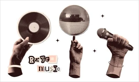 Dotted collage set with hands holding vinyl disc, disco ball and microphone - Stockillustratie