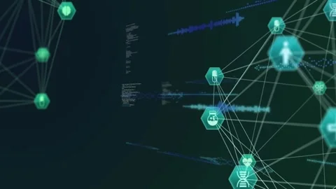 Dotted data trail causing shift, right hex nodes focusing, icons lighting, 스톡 동영상 331756408