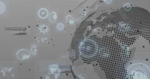 Dotted digital globe rotating in virtual analytics dashboard, with HUD panels, Stock Photos