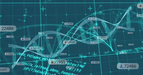 Dotted double helix being animated across 3D grid with floating numeric tags and Stock Footage 327845143