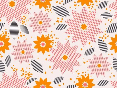 Dotted Effect Flowers and Strip Pattern Leaves Decorated Background. Illustrazione stock