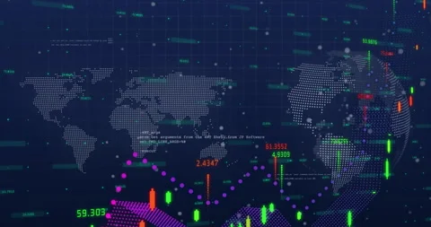 Dotted flat world map presenting streaming candlestick charts, floating code and Stock Footage 307453793