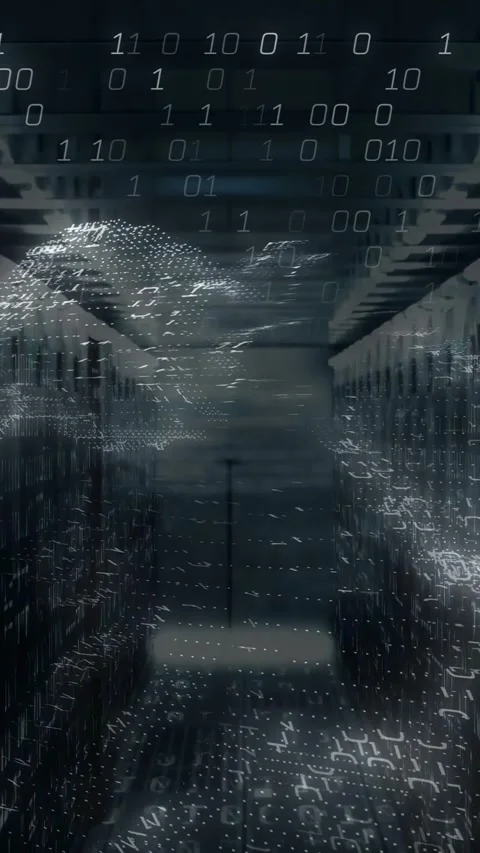 Dotted floor grid starting wave, tech field moving binary stream across rack Stock Footage 332939551