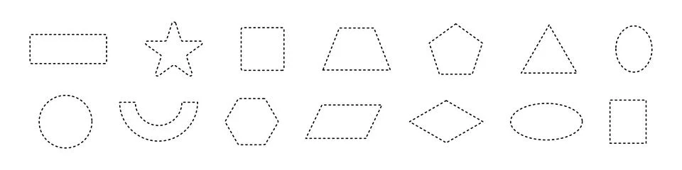 Dotted frames with simple dashed lines. Rectangular and round outline elements Stock Illustration