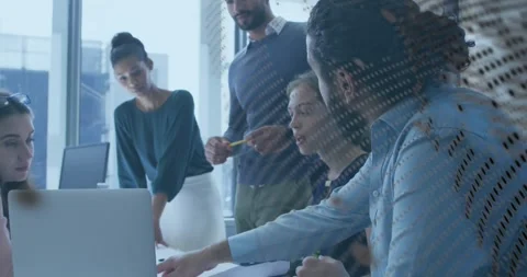 Dotted glass partition drifting, team gathering pointing at laptop, Stock Footage 320128080