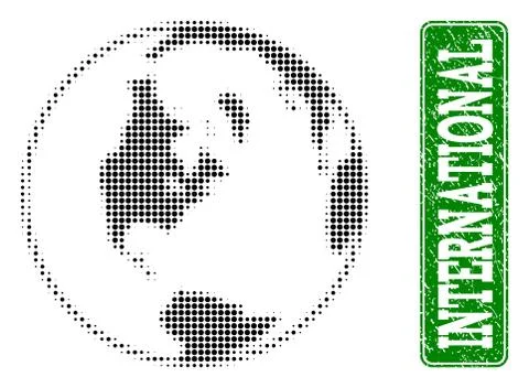 Dotted Global Map of World and Grunge Rectangle Rounded Caption Stock Illustration