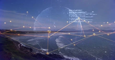 Dotted globe animating golden nodes, code over coastline, visualizing tech data Stock Footage 333963016