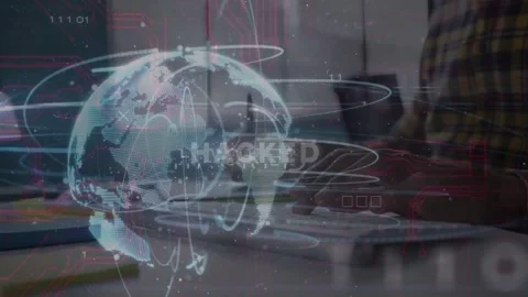 Dotted globe appearing left, rotating while worker typing, data pulsing and Stock Footage 333670557