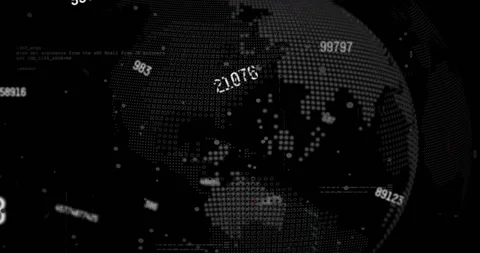 Dotted globe emerging rotating eastward and showing large numbers with code Stock Footage 317369479