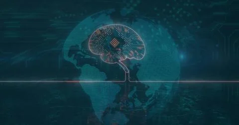 Dotted globe linking microchip brain graphic in circuit patterns over water 库存插图