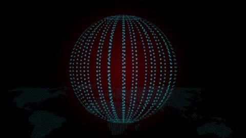 Dotted globe made of vertical dotted lines hovering above a dark world map .. Stock Footage 334765356
