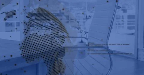 Dotted globe overlay occupying left side of office, with floor-to-ceiling Stock Photos
