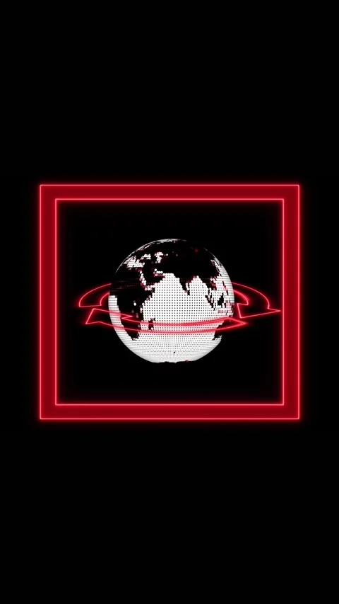 Dotted Globe with Red Orbiting Rings Inside a Red Neon Square Frame earth w.. Stock Footage 344730825