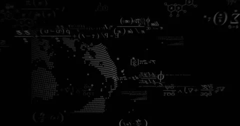 Dotted globe rotating in dark digital space, with math equations, molecular Stock Photos