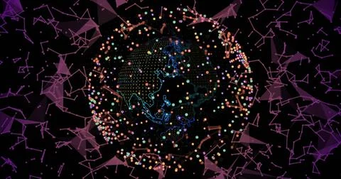 Dotted globe rotating in digital space with neon continent outlines orbiting Illustrazione stock