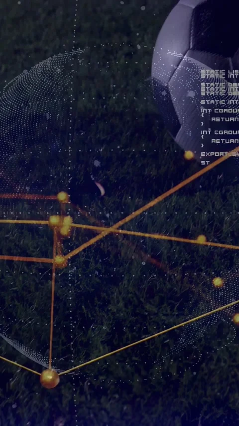 Dotted globe rotating over turf, net pulsing as ball entering, cleat contacting, Stockbeeldmateriaal 330655533