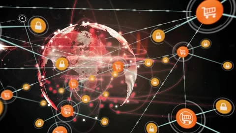 Dotted globe rotating spawning nodes cart lock icons linking via blue lines, Stock Footage 334038543