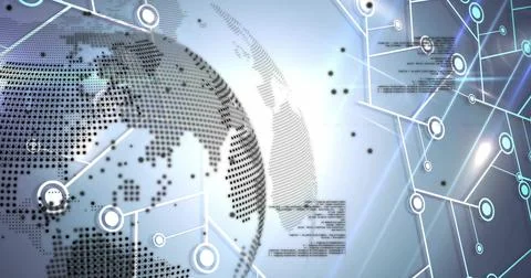 Dotted globe rotating in virtual interface, with circuit lines and floating Stock Illustration