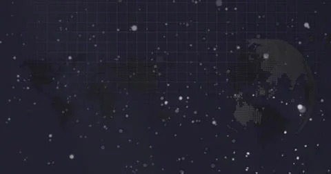 Dotted globe rotating while drifting particles over grid revealing continents Stock Illustration