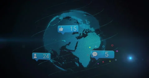 Dotted globe spinning against dark digital backdrop, showing floating social Stock Footage 308658776