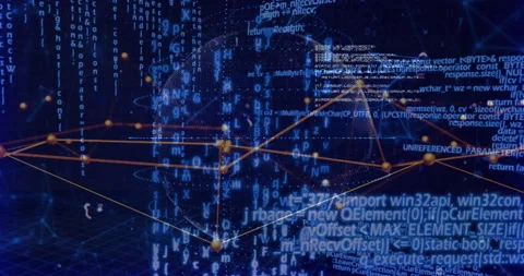 Dotted globe spinning at center with streaming code and glowing orange network Stock Footage 309106306