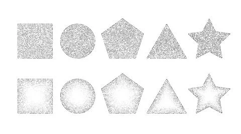 Dotted grainy shapes set. Stippled square, circle, triangle, star and pentagon イラスト素材