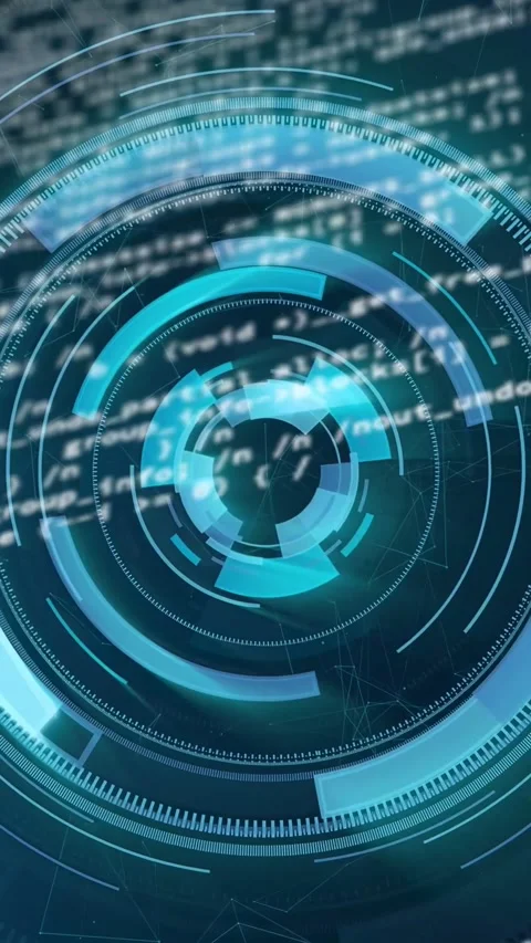 Dotted guide appearing, center HUD expanding, rotating in tech UI, code overlay Stock Footage 333020607