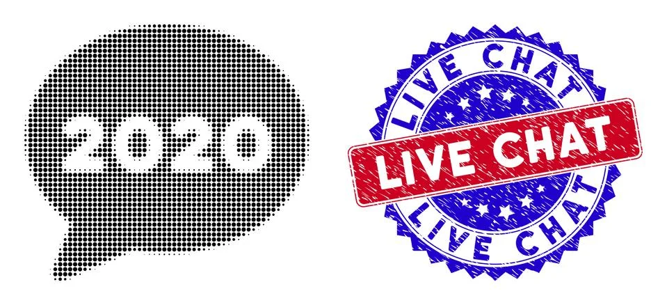 Dotted Halftone 2020 message cloud Icon and Bicolor Live Chat Textured Seal Stock Illustration