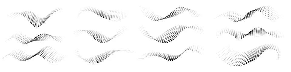 Dotted halftone waves set. Flowing wavy lines patterns. Abstract liquid shapes Stock Illustration