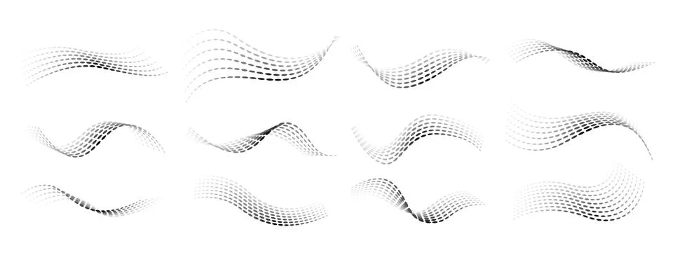 Dotted halftone waves set. Flowing wavy lines patterns. Abstract liquid shapes Stock Illustration