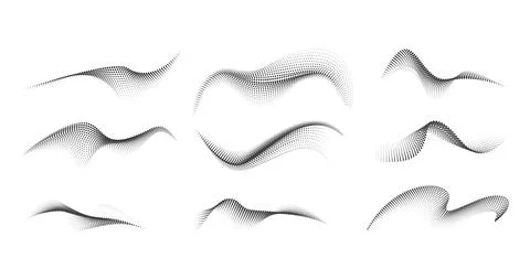 Dotted halftone waves set. Flowing wavy lines patterns. Abstract liquid shapes Stock Illustration
