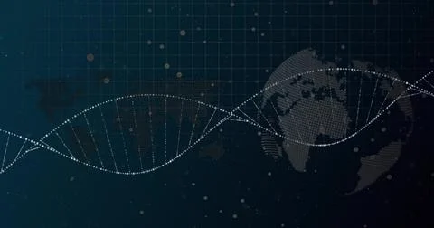 Dotted helix wave floating on digital interface with world map, globe, grid Stock Illustration