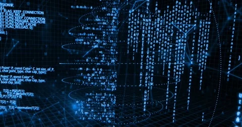 Dotted hologram spiral materializing, pulsing, drawing falling code columns and Stock Footage 328265366
