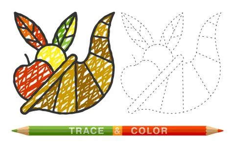 Dotted line and coloring crayon cornucopia icon Stock Illustration
