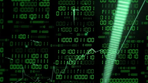Dotted line appearing, binary grid and graph glowing, arrows scaling, values Stock Footage 335651898