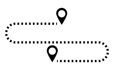A dotted line connecting a map pin to a map pin. Distance. Stock Illustration