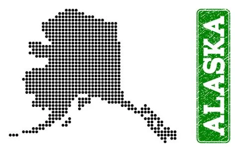 Dotted Map of Alaska State and Grunge Rectangle Rounded Caption Stock Illustration