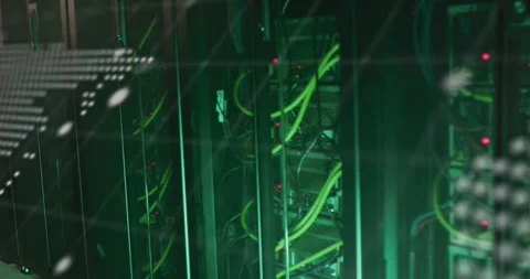 Dotted map appearing and code scrolling, camera panning, revealing data center Stock Footage 334114346