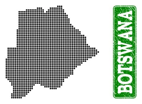 Dotted Map of Botswana and Grunge Rectangle Rounded Caption Stock Illustration