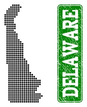 Dotted Map of Delaware State and Grunge Rectangle Rounded Caption Stock Illustration