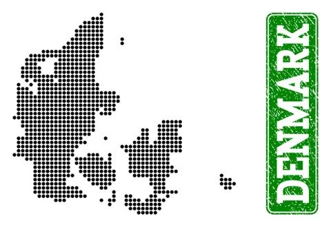 Dotted Map of Denmark and Grunge Rectangle Rounded Caption Stock Illustration