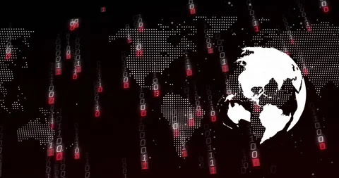 Dotted map emerging, white globe rotating and binary code cascading, visualizing Stock Footage 310972099