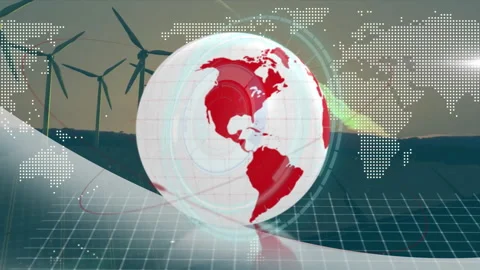 Dotted map fading triggers globe spinning with red ring circling for energy Stock Footage 311097976