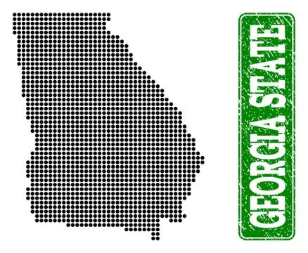 Dotted Map of Georgia State and Grunge Rectangle Rounded Caption Stock Illustration