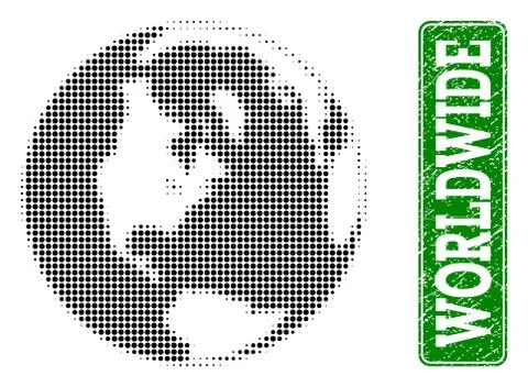 Dotted Map of Global World and Grunge Rectangle Rounded Caption Stock Illustration