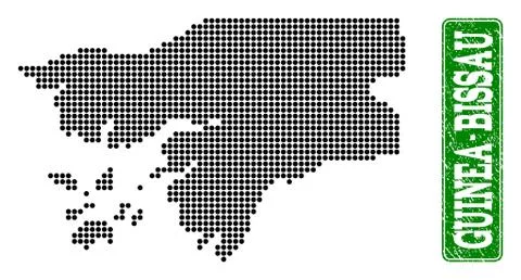 Dotted Map of Guinea-Bissau and Grunge Rectangle Rounded Caption Stock Illustration