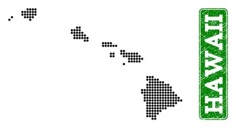 Dotted Map of Hawaii State and Grunge Rectangle Rounded Caption Stock Illustration
