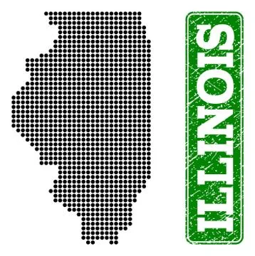 Dotted Map of Illinois State and Grunge Rectangle Rounded Caption Stock Illustration