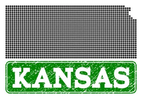 Dotted Map of Kansas State and Grunge Rectangle Rounded Caption Stock Illustration